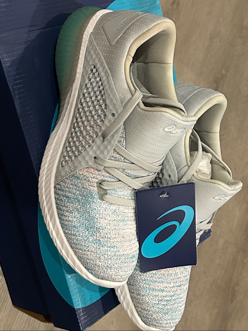 Asics Women's Light Gray and Aqua Knit Running Sneakers